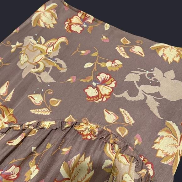 Stefanel Light Brown & Yellow Floral Silk Ruffle Tiered Asymmetrical Fairy Skirt - Picture 6 of 7